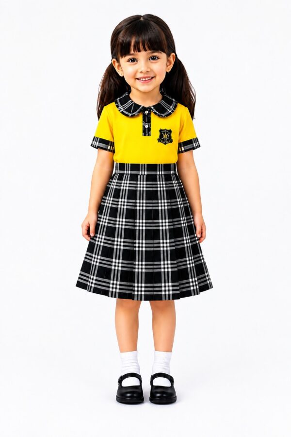 Girls Uniform – Yellow Top & Checked Pleated Skirt